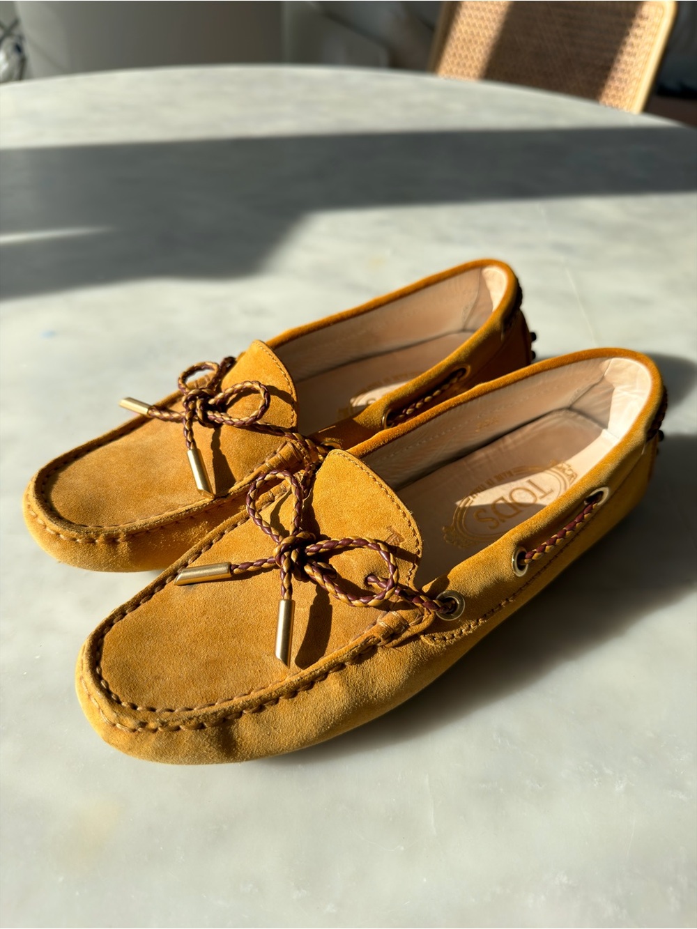 TOD'S Mustard Suede Bow Driver Loafers